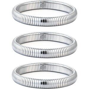 Silver Bangle Set 3 Chunky Stretch 24K 11mm Plated Stainless Steel Wide Stack